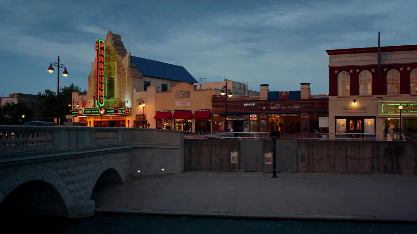 The historic Paramount Theatre and the Fox River in downtown Aurora, Illinois, where General Energy Corporation engineers commercial solar and battery storage