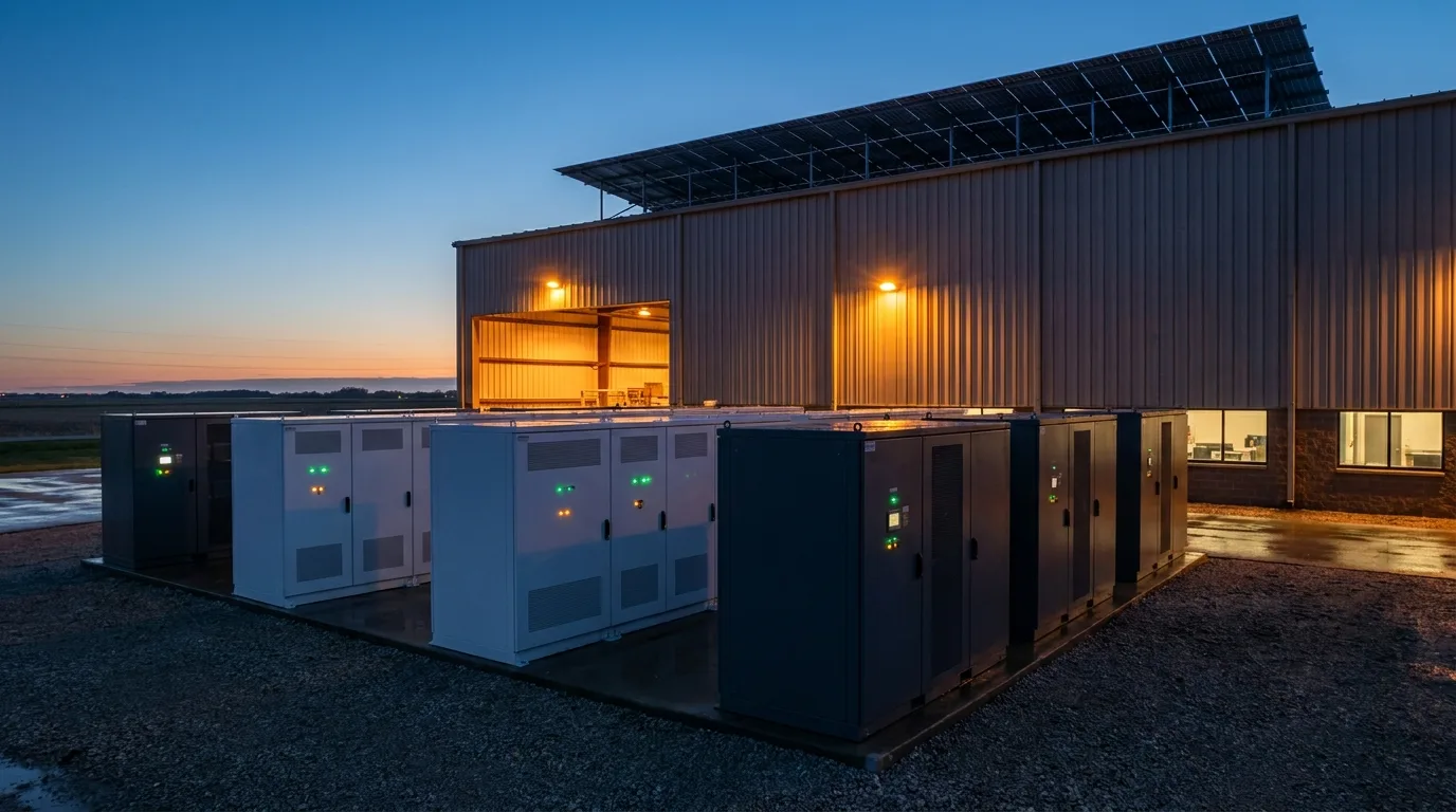 Commercial battery storage cabinets at a northern Illinois manufacturing facility, representing the demand charge and capacity payback math ComEd customers use to size a battery