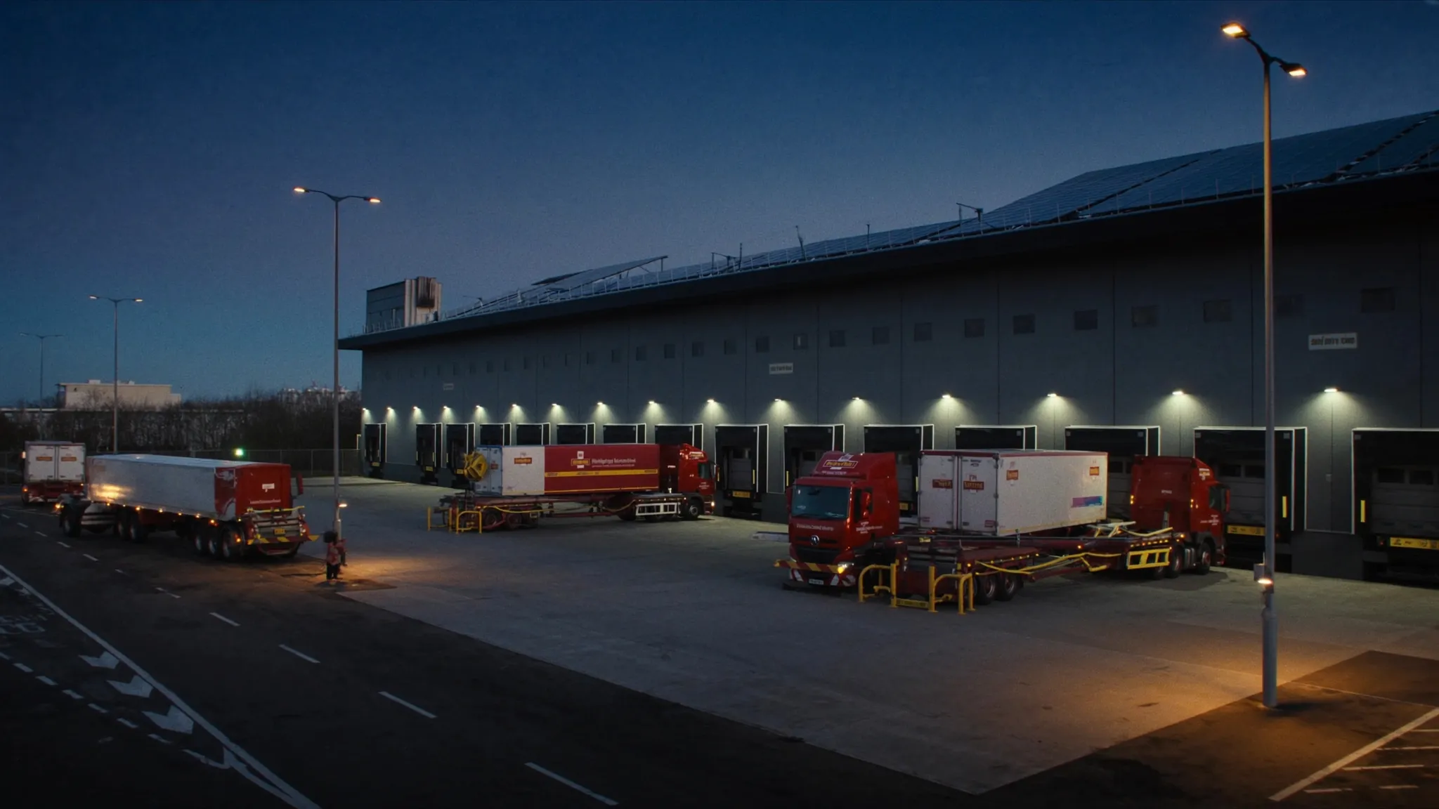 An industrial distribution and logistics facility with loading docks at dusk: a finance brief on customer concentration and the 2030 supplier sustainability mandate driving commercial solar capital decisions