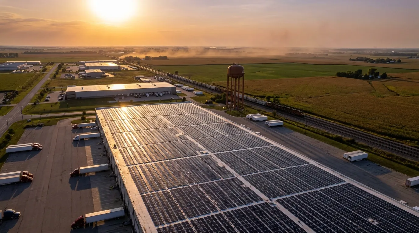 Aerial view of an Illinois industrial corridor at golden hour with a commercial rooftop solar array, water tower, and rail line, representing the Energy Community bonus that takes the federal solar credit to 40 percent across most of Illinois