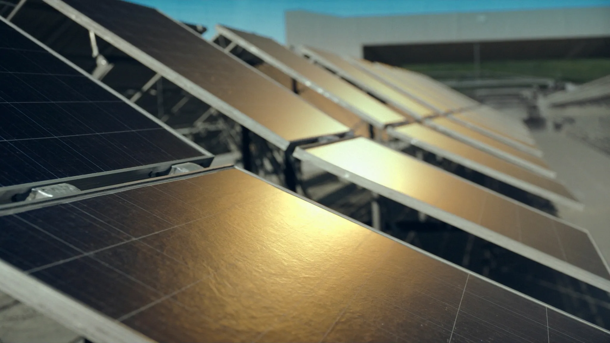 Close-up of commercial solar panels with an Illinois industrial facility beyond, representing answers to common questions about the 2026 solar ITC and Illinois incentives