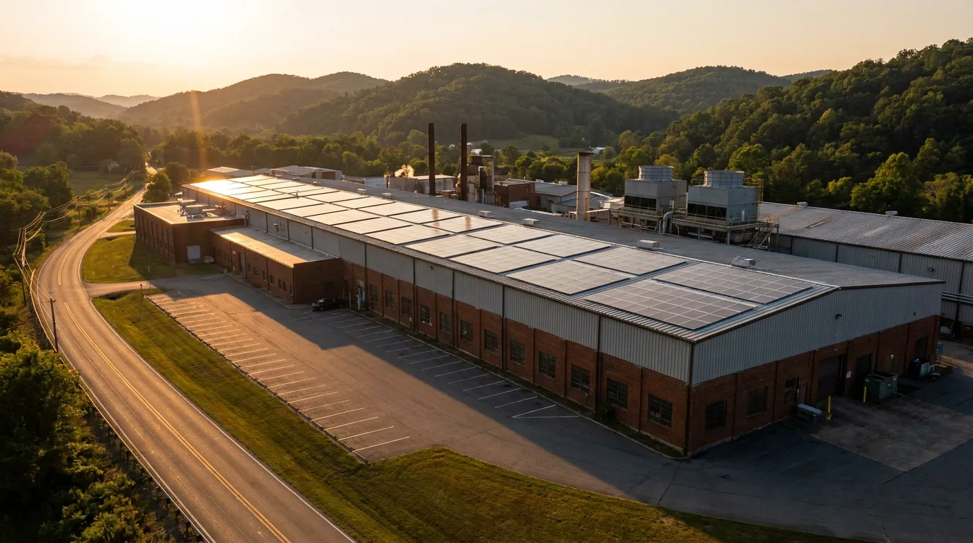Pennsylvania manufacturing facility with a rooftop solar array, representing the RISE PA grant that pays manufacturers up to 50 percent of an on-site energy project