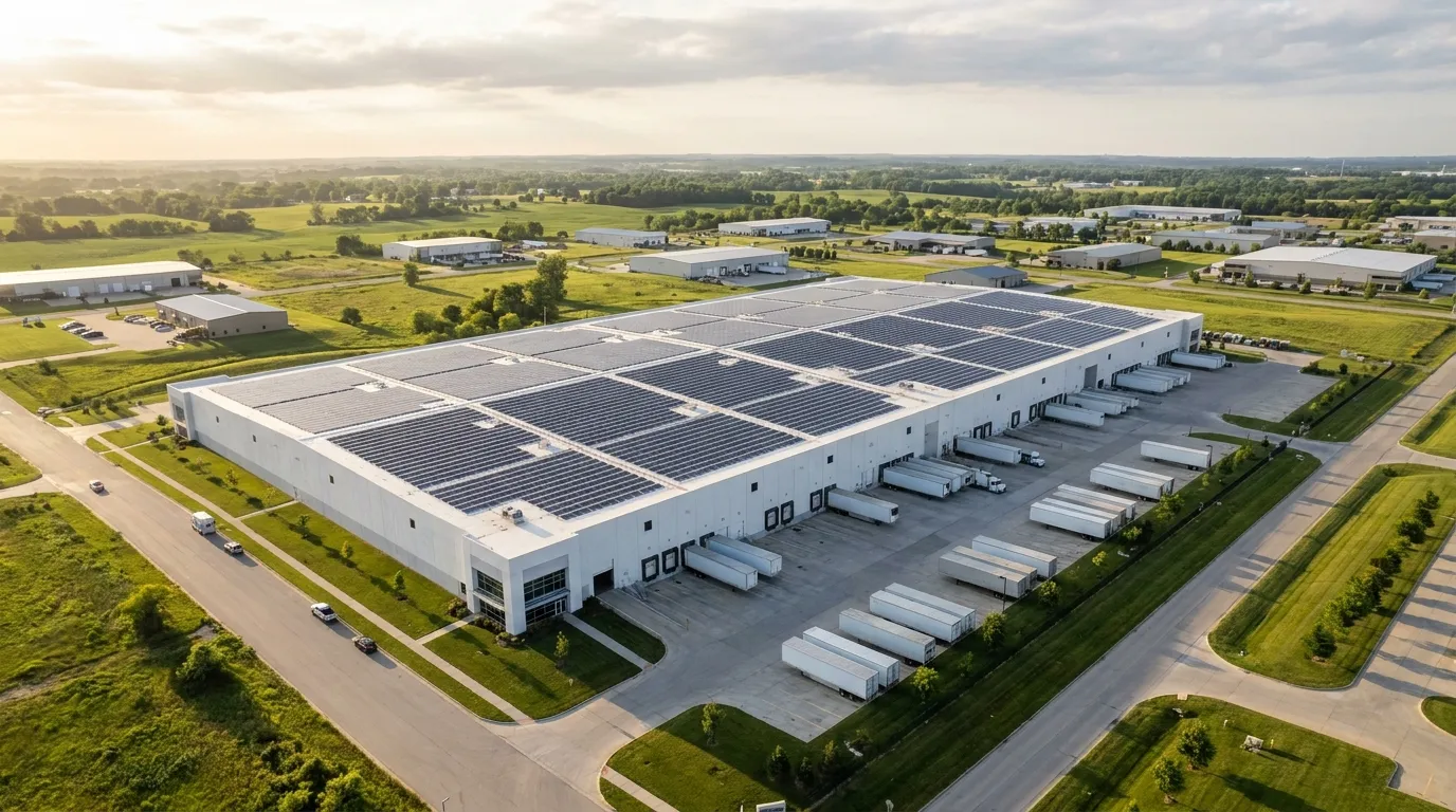 A commercial rooftop solar array on a Carol Stream, Illinois manufacturing facility, the kind of 802 kW system General Energy Corporation engineered for Core Pipe Products.