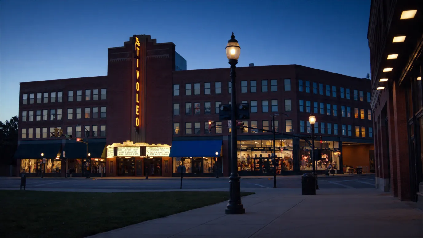 The historic Tivoli Theatre on Main Street in Downers Grove, Illinois, where General Energy Corporation engineers commercial solar and battery storage