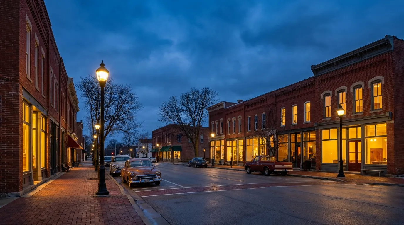The historic brick Main Street and Cook Memorial Park in downtown Libertyville, Illinois, where General Energy Corporation engineers commercial solar and battery storage.