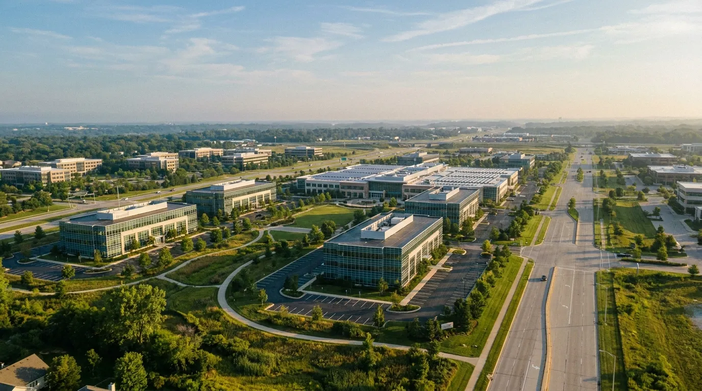 The Woodfield corporate corridor along the I-90 Golden Corridor in Schaumburg, Illinois, where General Energy Corporation is headquartered and engineers commercial solar and battery storage.